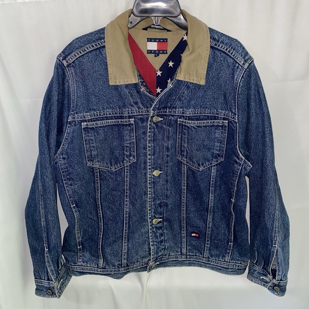 Vintage 90s Tommy Jeans Denim Jacket Stars & Stripes Flag Lining XL